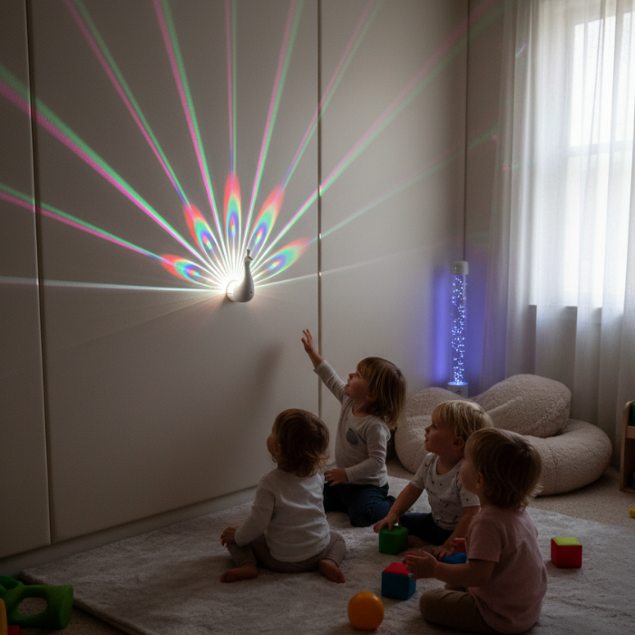 Peacock LED light projector colour-changing sensory wall light for autism